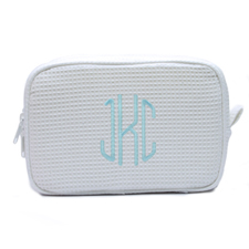 Embroidered Three Initial White Cotton Waffle Wave Makeup Bag (5 X 8 Inch)
