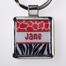 Red Black Animal Print Personalized Square Metal Keychain (Small)