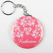 Pink Damask Personalized Button Keychain