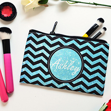 Teal Glitter And Black Chevron Personalized Cosmetic Bag, Medium