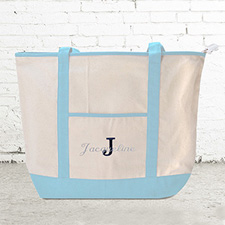 Name & Initial #1 Personalized Light Blue Canvas Tote Bag (Large)