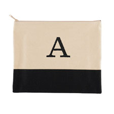 Embroidered One Initial Natural Black Zip Bag (7.5 X 9 Inch)