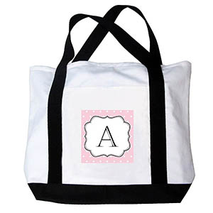 Pink Polka Dots Personalized Monogram Canvas Bag, Black