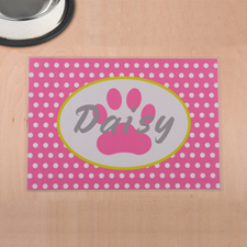 Personalized Pink Polka Dots And Paw Print Pet Meal Mat