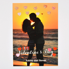 Real Glitter Hearts Personalized Photo Valentine Card, 5X7 Flat