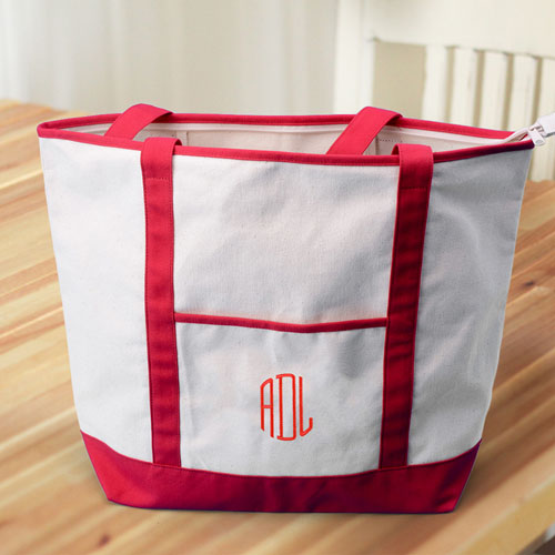 3 Initials Large Embroidery Canvas Tote Bag, Red