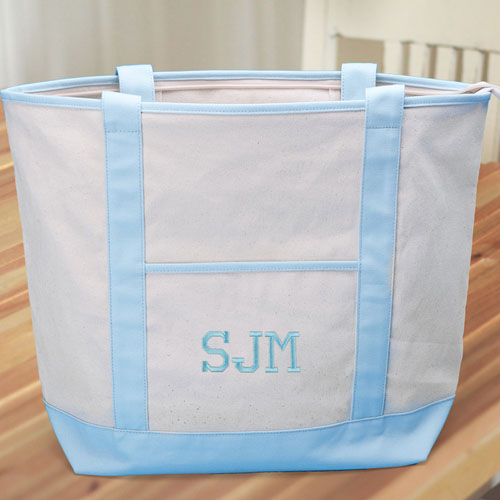 3 Initials Large Embroidery Canvas Tote Bag, Light Blue