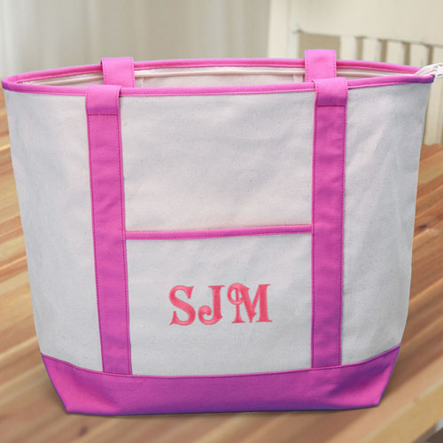 3 Initials Large Embroidery Canvas Tote Bag, Hot Pink