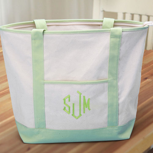 3 Initials Large Embroidery Canvas Tote Bag, Lime